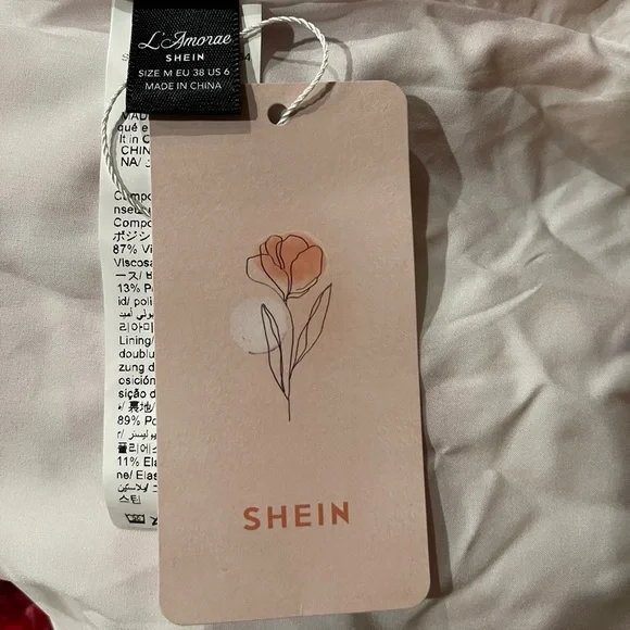 SHEIN Red Pink Cream Tropical Print Ruffle Mini Sundress Sz Medium New With Tags - Picture 10 of 11